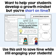 Educational materials on developing a growth mindset with text overlay.