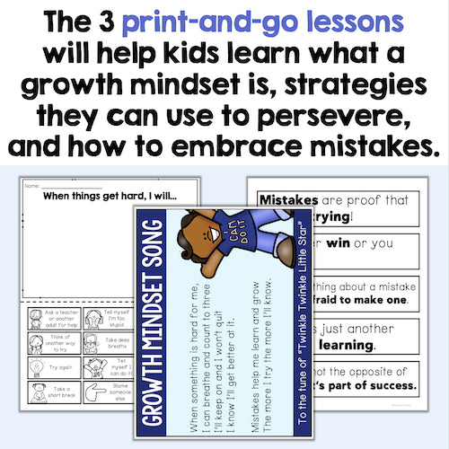 Educational materials on growth mindset with a cartoon bear character and text.