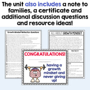 Educational materials on growth mindset with text and graphics.