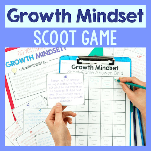 Growth Mindset Scoot Game with answer grid and clipboards on a blue background