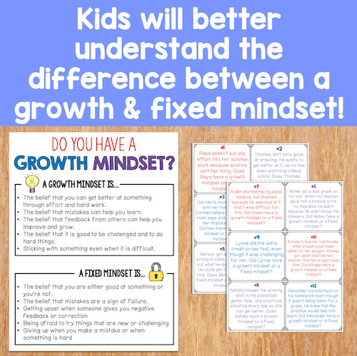 Educational materials on growth and fixed mindset with text on a wooden surface.