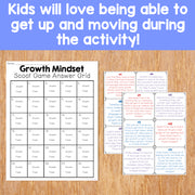 Growth Mindset Scoot Game Answer Grid and cards on a wooden surface with text about kids loving movement during activities.