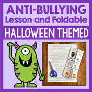Anti-bullying lesson and foldable with Halloween-themed materials on a purple background.