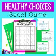 Healthy Choices Scoot Game with a clipboard, papers, and pencils on a blue background