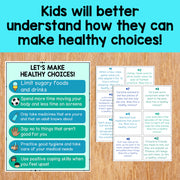 Educational materials on a wooden surface with text about making healthy choices.