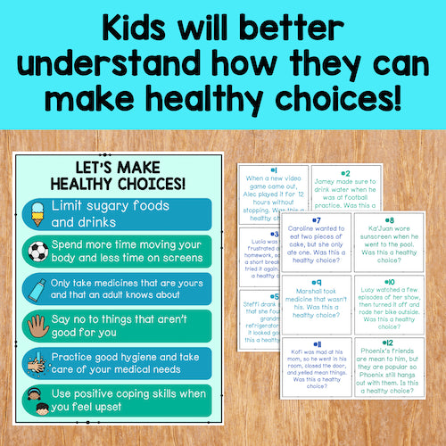 Educational materials on a wooden surface with text about making healthy choices.
