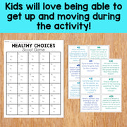 Healthy Choices Scoot Game on a wooden surface with text about kids loving movement during activities.