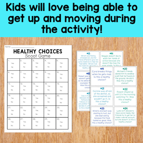 Healthy Choices Scoot Game on a wooden surface with text about kids loving movement during activities.