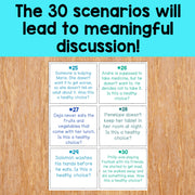 Educational cards with scenarios on a wooden surface and blue background