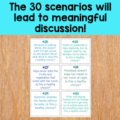 Educational cards with scenarios on a wooden surface and blue background