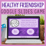 Laptop displaying a Google Slides game about healthy friendships on a pink background.