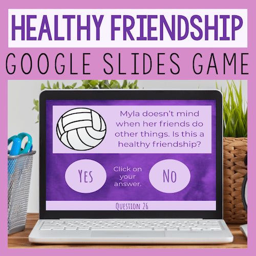Laptop displaying a Google Slides game about healthy friendships on a pink background.