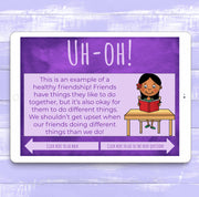 Educational screen from a digital book or app on a tablet, featuring a character and text about healthy friendships.