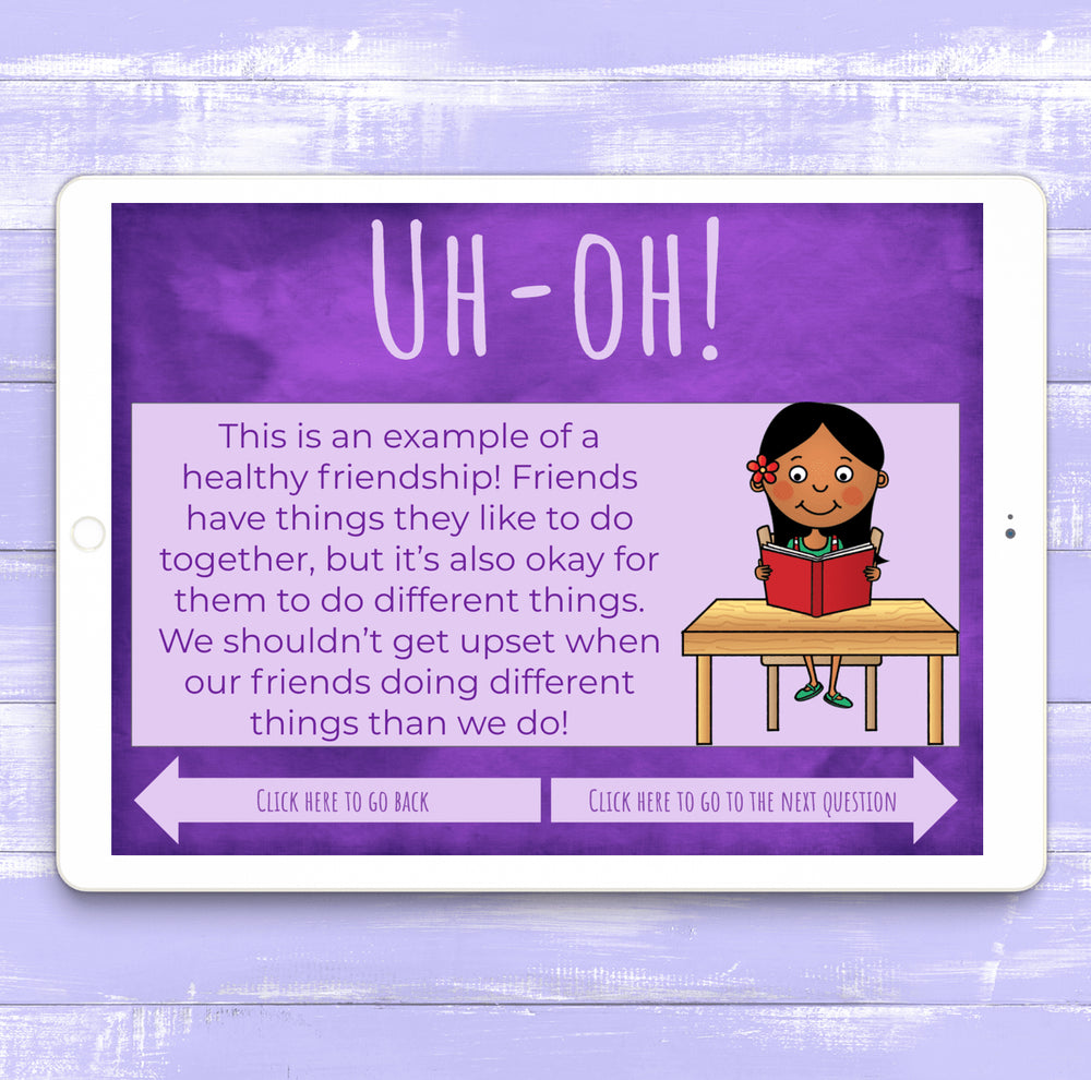 Educational screen from a digital book or app on a tablet, featuring a character and text about healthy friendships.