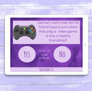 iPad displaying a question about video game friendship on a purple background