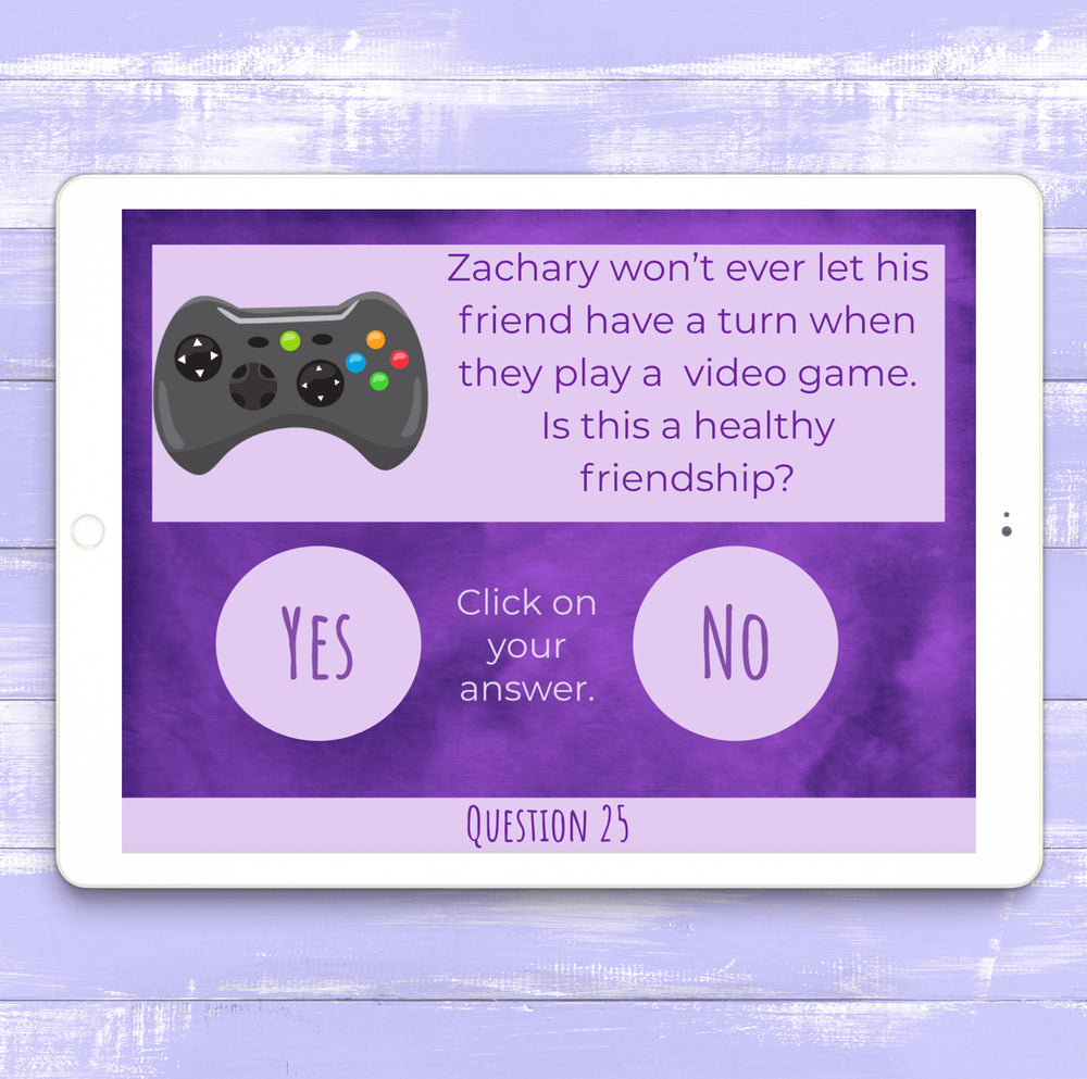 iPad displaying a question about video game friendship on a purple background