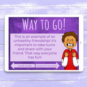 Educational screen from a digital app or game on a purple background