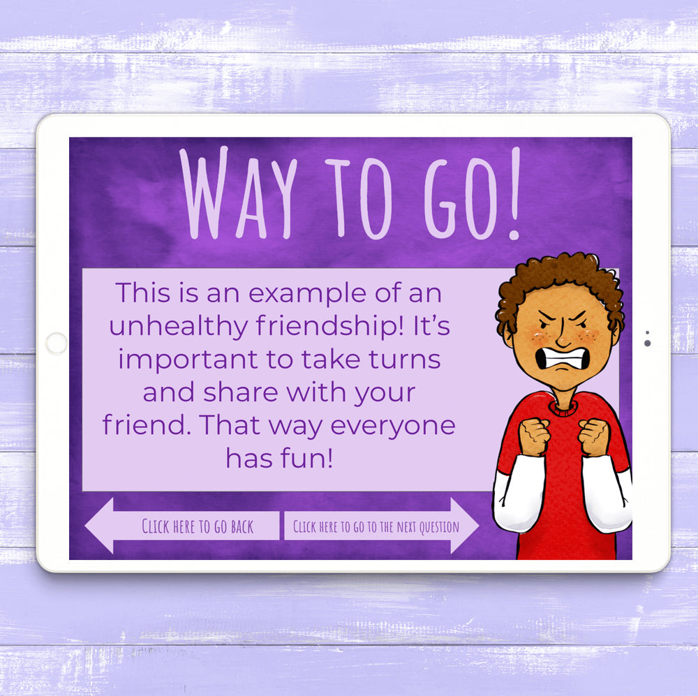 Educational screen from a digital app or game on a purple background