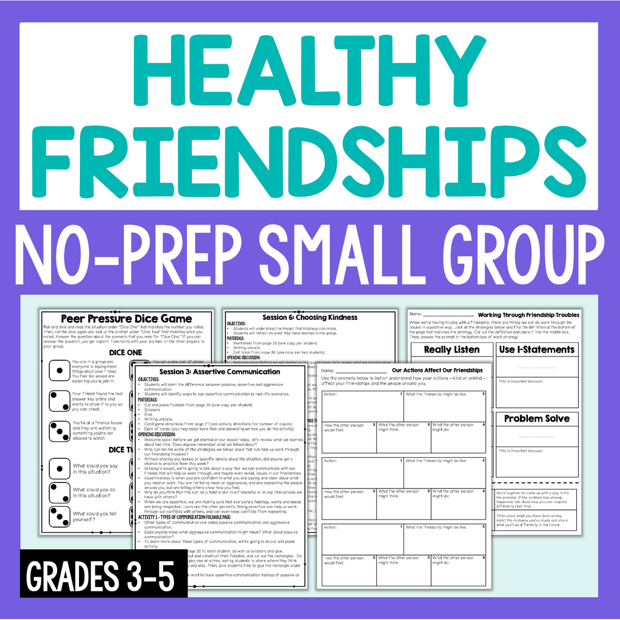 Healthy Friendships no-prep small group resource with worksheets on a purple background