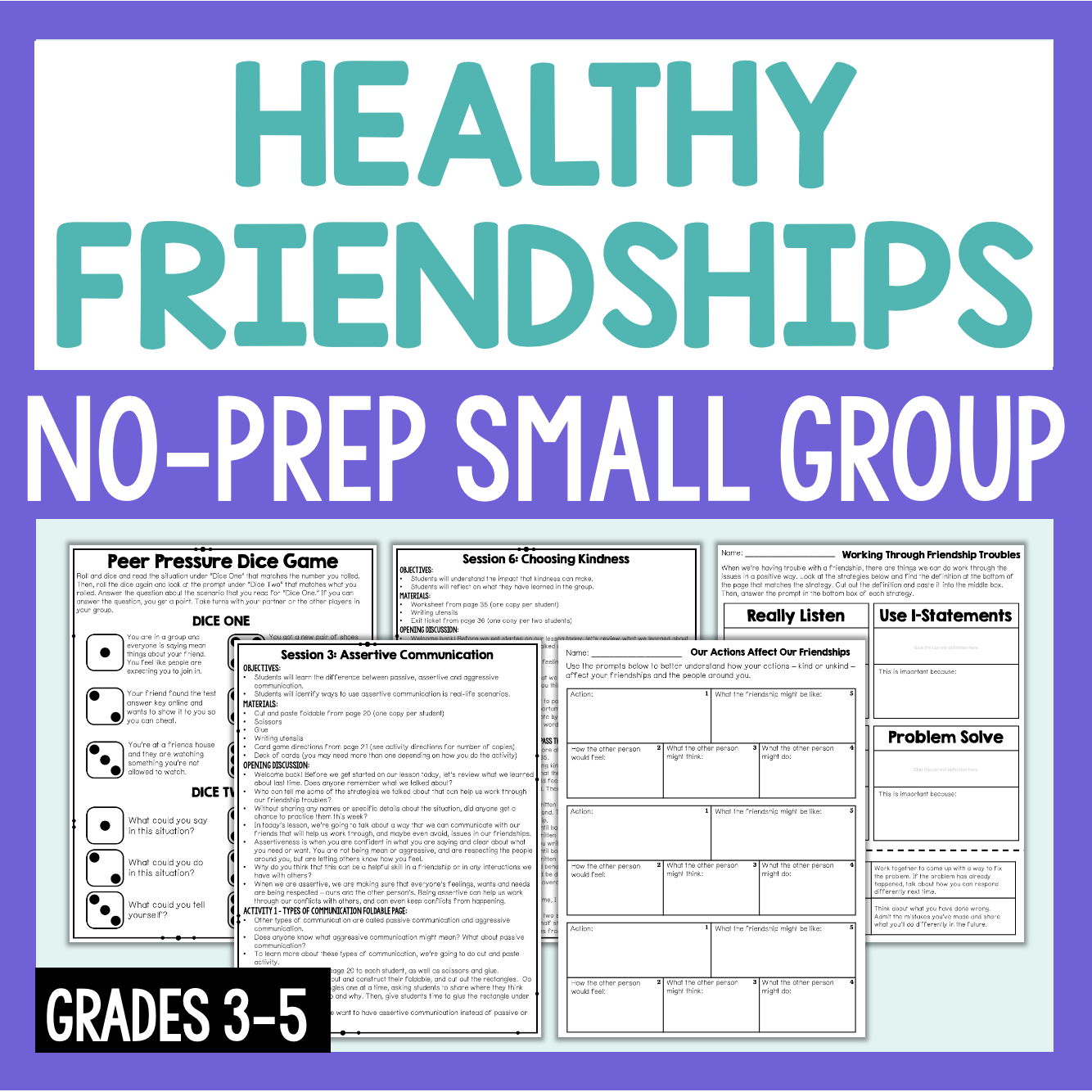 Healthy Friendships no-prep small group resource with worksheets on a purple background