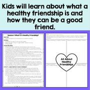 Educational material on healthy friendships with text and a heart graphic.