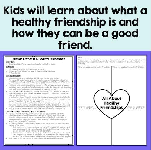 Educational material on healthy friendships with text and a heart graphic.