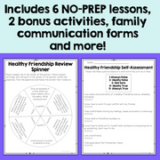 Educational materials for healthy friendship including a review spinner and self-assessment form on a blue background.
