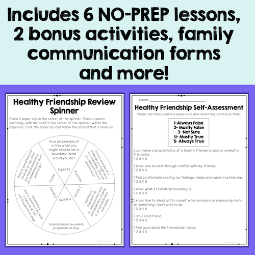 Educational materials for healthy friendship including a review spinner and self-assessment form on a blue background.