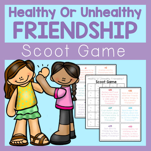Cover of a 'Healthy or Unhealthy Friendship Scoot Game' with two cartoon children and game cards.