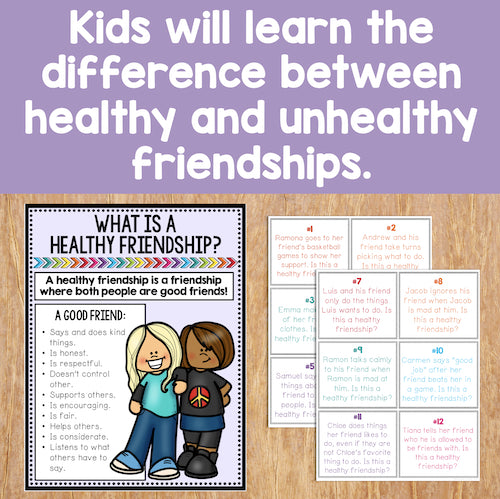 Educational materials on healthy friendships with text and illustrations on a wooden surface.
