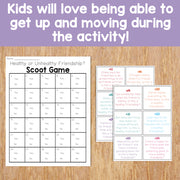 Educational materials for a 'Healthy or Unhealthy Friendship?' Scoot Game on a wooden surface with text overlay.