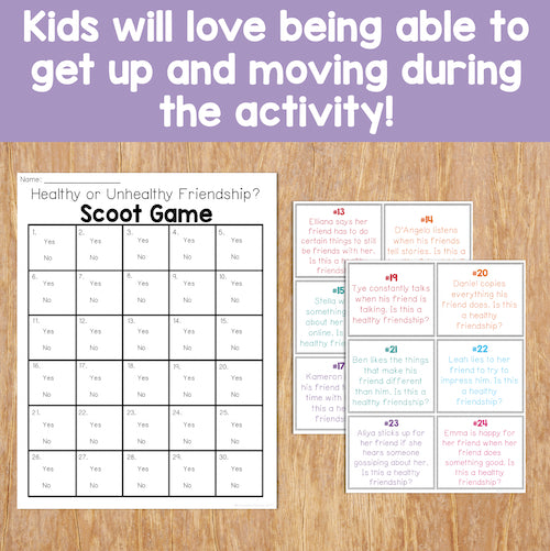 Educational materials for a 'Healthy or Unhealthy Friendship?' Scoot Game on a wooden surface with text overlay.