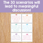 Educational cards on a wooden surface with text about healthy friendships.