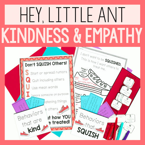 Educational materials on kindness and empathy with text 'Hey, Little Ant Kindness & Empathy' on a pink background.