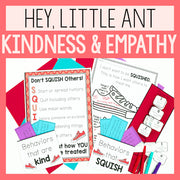 Educational materials on kindness and empathy with text 'Hey, Little Ant Kindness & Empathy' on a pink background.