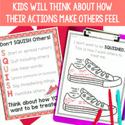 Educational materials on a pink background with text about empathy and actions towards others.