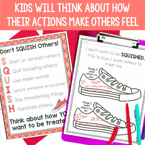 Educational materials on a pink background with text about empathy and actions towards others.