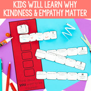 Educational materials for teaching kindness and empathy on a colorful background with text overlay.