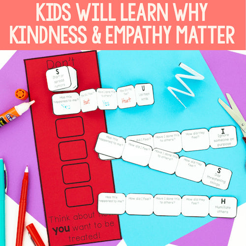 Educational materials for teaching kindness and empathy on a colorful background with text overlay.