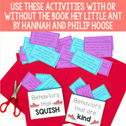 Educational materials with cards and scissors on a red background, promoting activities related to 'Hey Little Ant' by Hannah and Philip Hoose.