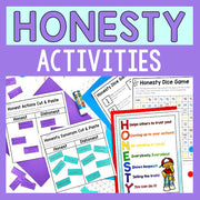 Educational materials on honesty with activities and games on a purple background