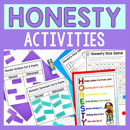 Educational materials on honesty with activities and games on a purple background