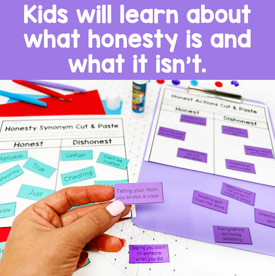 Educational materials on honesty with cut-and-paste activity and synonym cards.