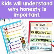 Educational posters about honesty for children on a purple background