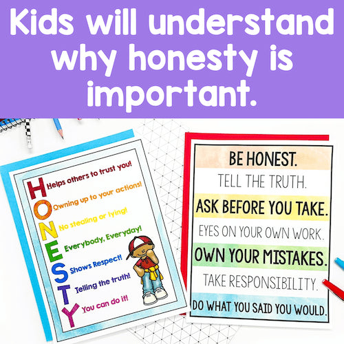 Educational posters about honesty for children on a purple background