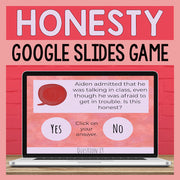 Laptop displaying a Google Slides game on a pink background with text 'Honesty Google Slides Game'.