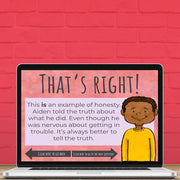 Laptop screen displaying an educational program about honesty with a child character on a red brick background.