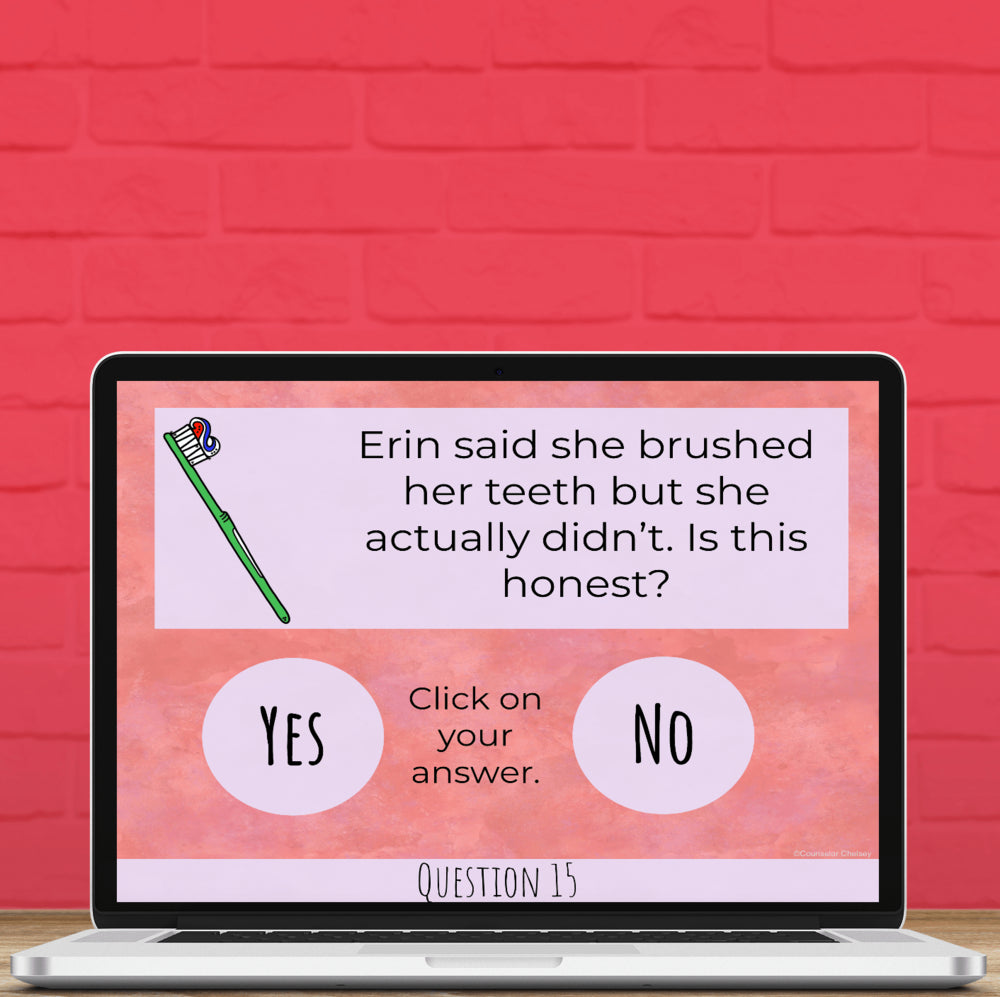 Laptop screen with a question about honesty displayed on a red brick background