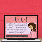 Laptop screen displaying an educational lesson about honesty with a pink background and brick wall.