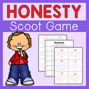 Honesty Scoot Game with a cartoon boy and game cards on a purple background